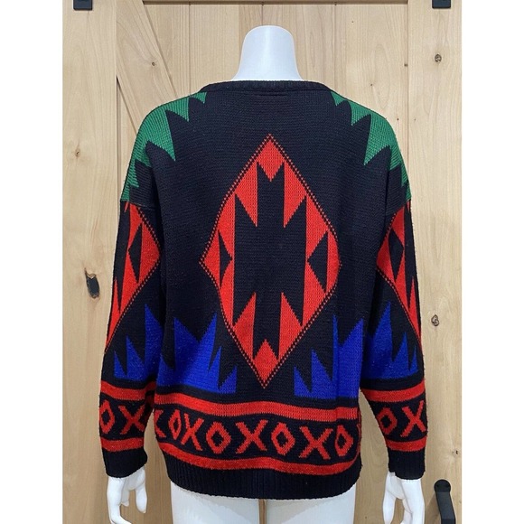 Southwestern Aztec Sweater Red Black Green Boho - Picture 6 of 7